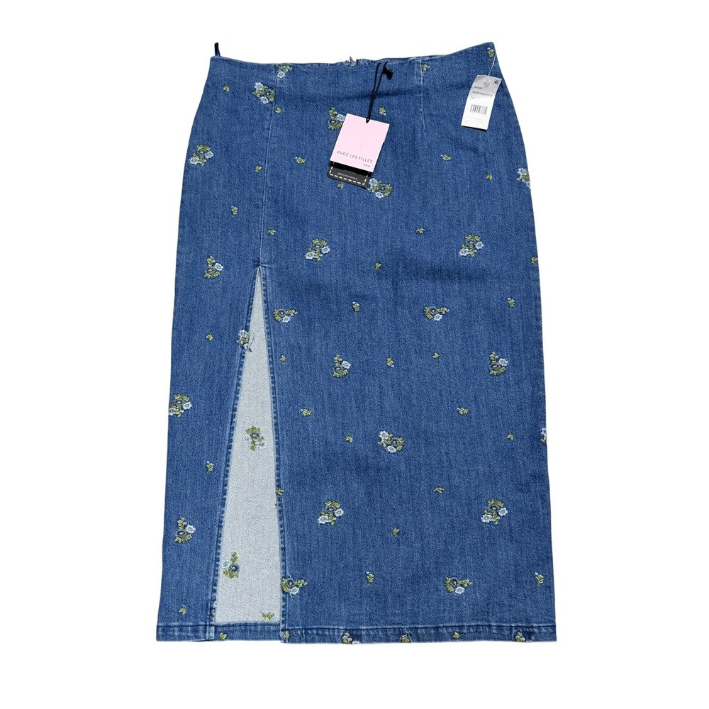 Avec Les Filles Embroidered Denim Midi Skirt Blue Floral Slit Size 14 Cotton